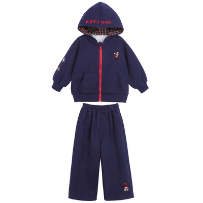 小O爸男婴童 宝宝运动套装春秋2026新款格纹连帽蓝色婴儿气质春装