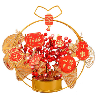 新年福桶装饰摆件春节过年乔迁新居吉祥果抱抱桶客厅仿真花插花桶
