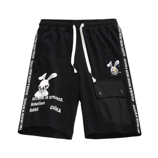 GUUKA黑色罗比兔绣花短裤男夏季潮 情侣嘻哈织带拼接五分裤子宽松
