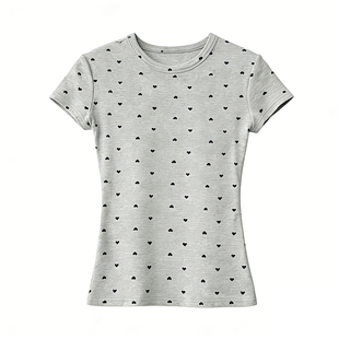 灰色爱心短袖T恤女2026超火夏装新款修身显百搭学生女款休闲上衣