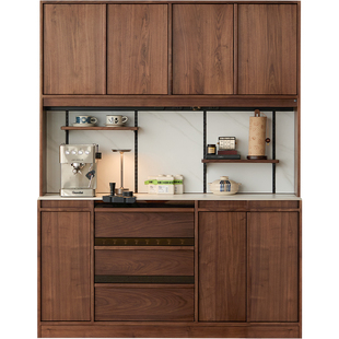 北美黑胡桃木餐边柜靠墙一体实木岩板洞石橱柜家用厨房收纳柜高柜