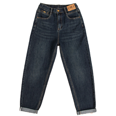 深蓝哈伦加绒牛仔裤女加厚大码胖MM2025秋冬松紧腰萝卜加长老爹裤