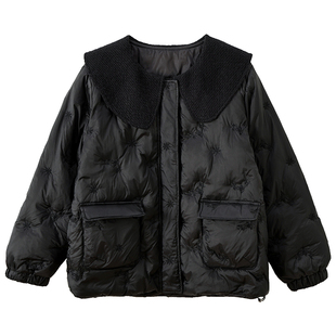 甜美小香风刺绣胖莹莹大码女装娃娃领宽松短款羽绒服冬季加厚外套