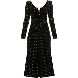 张雨绮杨超越同款性感金丝绒波点烫钻气质复古长袖黑色长款连衣裙