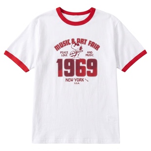 韩国东大门2025夏季新款可爱减龄的红色数字印花1969短袖白T恤女