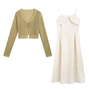 紫涵碎花连衣裙套装女夏季新款文艺甜美针织开衫吊带裙两件套