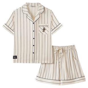 TeenieWeenie小熊情侣睡衣女夏季新款冰丝凉感条纹刺绣家居服套装