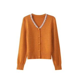 OSA欧莎落日橘色针织开衫女2025秋季新款钉珠V领软糯长袖毛衣上衣