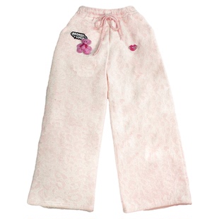 Bronze Lucia粉毛绒豹纹加绒卫裤少女原创设计风休闲裤长裤冬季