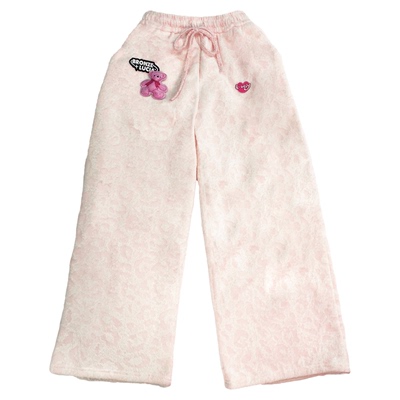 Bronze Lucia粉毛绒豹纹加绒卫裤少女原创设计风休闲裤长裤冬季