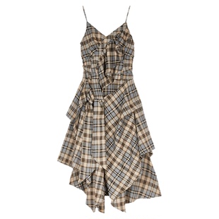 SLY早秋新品甜辣复古格纹不规则下摆吊带连衣裙030IAZ33-0341