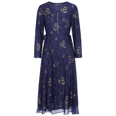 马天奴蓝色V领蕾丝连衣裙