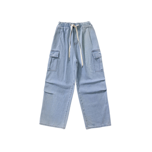 晶咕白标DADATATA【街拍头条】口袋牛仔工装裤大码胖mm水洗牛仔裤