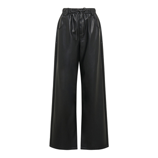 Petit Bari率性垂坠抽绳直筒休闲皮裤黑色皮裤高腰设计 宽松阔腿