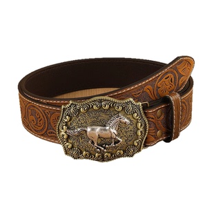 复古风西部牛仔马头雕花皮带男士合金扣头腰带