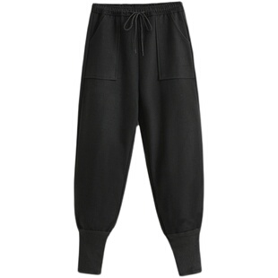 特大码毛呢哈伦灯笼裤女秋冬季高腰加厚呢子束脚工装裤配马丁靴裤