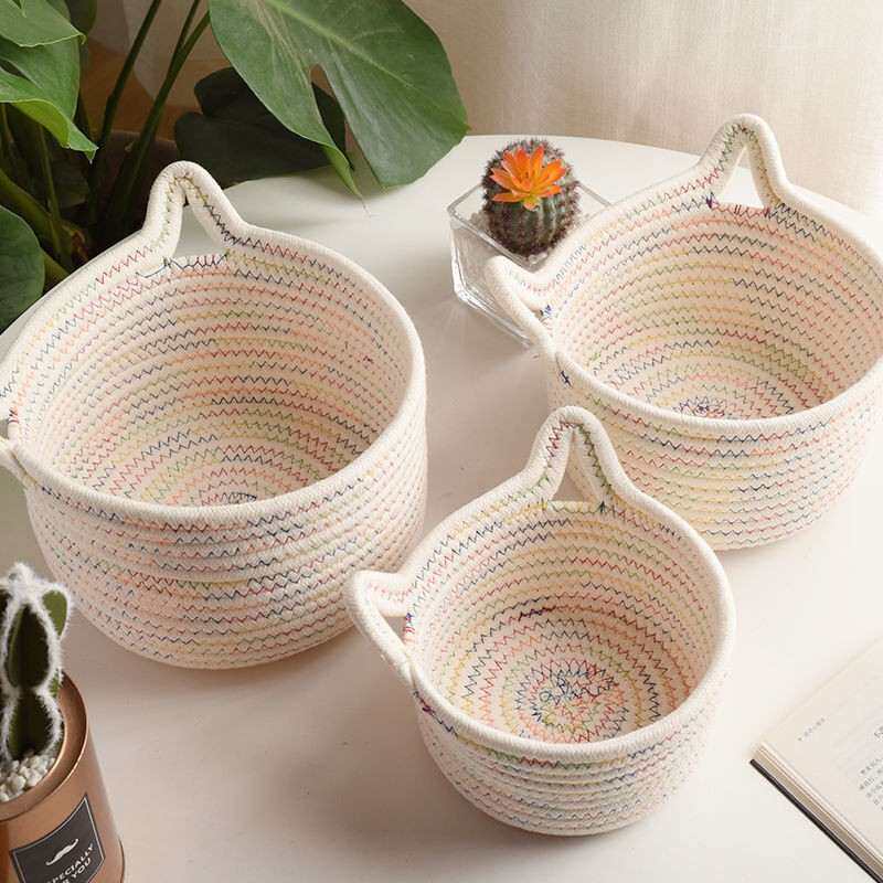 23猫耳朵桌面收纳篮编织置棉线筐子杂物物收纳床头置物筐筐篮钥匙