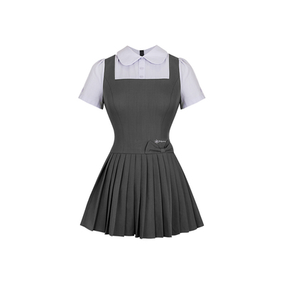 安妮不火学院风假两件蝴蝶结百褶连衣裙女微胖大码收腰显瘦小裙子