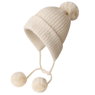 蓝色毛球针织护耳帽女秋冬韩版百搭显脸小毛线帽加厚保暖包头帽子