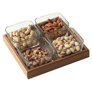 胡桃木水果盘家用轻奢高档干果盘玻璃带盖分格点心零食盘收纳盘子