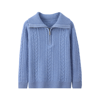 纯山羊绒加厚绞花半拉链毛衣
