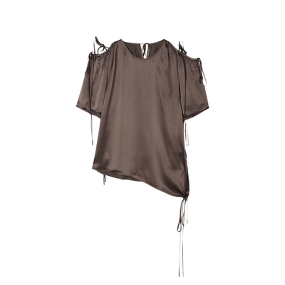 JNBY/江南布衣折扣春夏衬衫女套头蝴蝶结绑带光泽感圆领短袖通勤