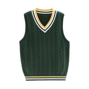 男童毛线马甲墨绿色绞花针织衫儿童毛衣校服学生春秋全棉针织背心