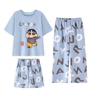 男童睡衣夏季薄款纯棉长裤短袖三件套青少年小男孩蜡笔小新家居服