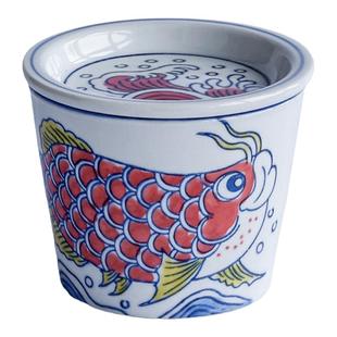 陶瓷猪口杯带盖国潮复古青花杯垫中式锦鲤办公室喝茶个人专用茶杯