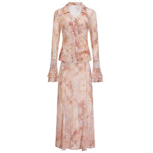 EF法式晕染印花套装裙女新款2025春秋优雅长袖上衣半裙搭配一整套