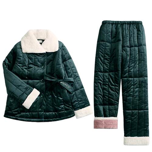 睡衣女秋冬季冬天三层加厚夹棉袄珊瑚绒加绒保暖法兰绒家居服套装
