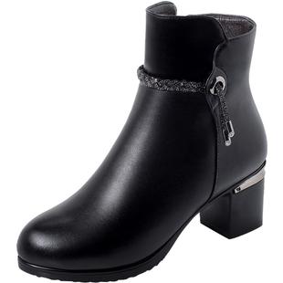 妈妈鞋冬季加绒短靴女真皮中跟皮鞋女士棉鞋冬鞋中年靴子羊毛鞋子