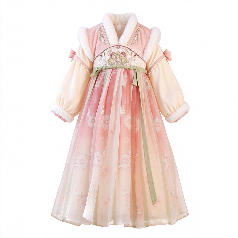 汉服女童冬款加绒国风裙子新款儿童秋冬季古装女孩加厚新年拜年服