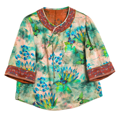 专柜品牌新中式衬衫花罗香云纱小衫中老年妈妈真丝上衣桑蚕丝短袖