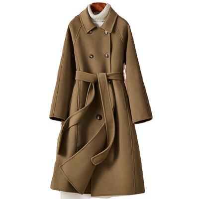 秋冬新款双面羊绒大衣女娃娃领长款过膝系带插肩袖纯羊毛呢子外套