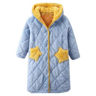 儿童睡袍冬季加厚款睡衣男童孩浴袍夹棉男孩法兰绒纯色保暖家居服