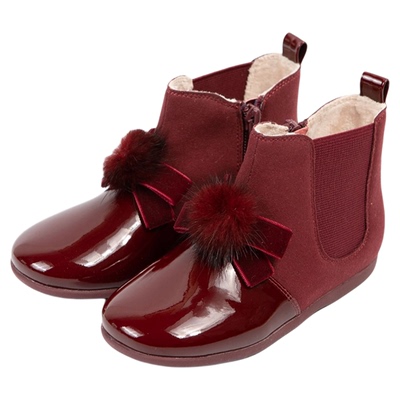 little winkaa蝴蝶结毛球短靴女童公主皮靴2025新款冬季女孩加绒