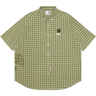 Aape旗舰店男装春夏猿人徽章格纹休闲潮流短袖衬衫8529XXO