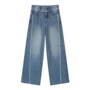 tanni春夏新款高腰显瘦水洗阔腿九分甜美花边牛仔裤女TO11DE011A