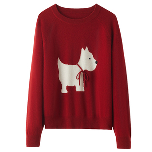 思诺芙德红色羊绒衫女新年小狗图案圆领秋冬山羊绒针织过年毛衣