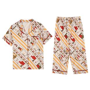 秋鹿【清仓仅剩M码】仿真丝睡衣春夏女款短袖七分裤薄款南韩丝