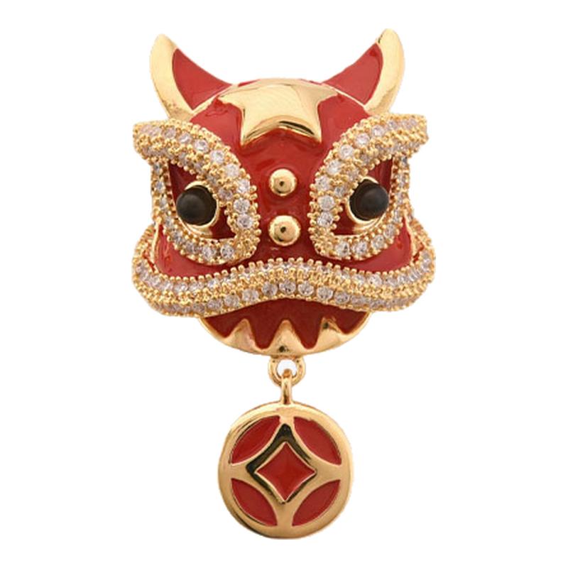 国潮送财醒狮胸针红色胸花