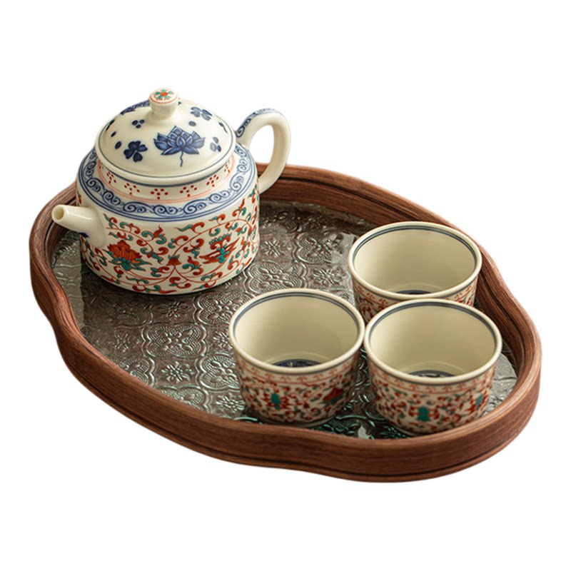 仿古瓷红绿彩缠枝莲纹一壶三杯