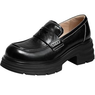 千百度厚底正装乐福鞋女款气质百搭新款深口黑色增高JK小皮鞋通勤