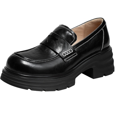 千百度厚底正装乐福鞋女款2025春秋新款深口黑色增高JK小皮鞋通勤