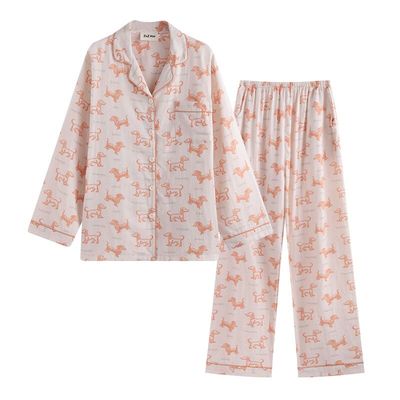 侘町2025新款橘色调腊肠狗纯棉长袖睡衣女可外穿春秋季家居服套装
