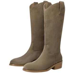 KISSCAT接吻猫秋季新款堆堆靴时尚粗跟长靴牛绒皮革V口时装靴女