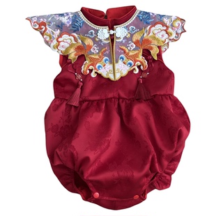 女宝宝周岁礼服夏季新款红色中式抓周服龙宝宝百天满月宴一岁生日