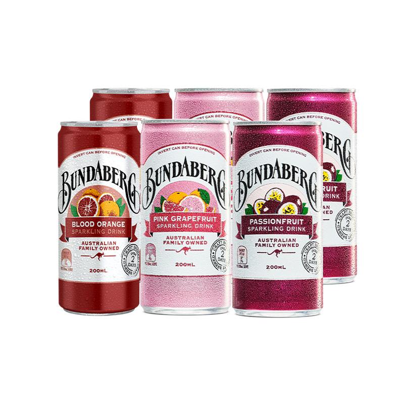 宾得宝Bundaberg进口血橙百香果汁气泡水 柚子汽水小瓶饮料200ml