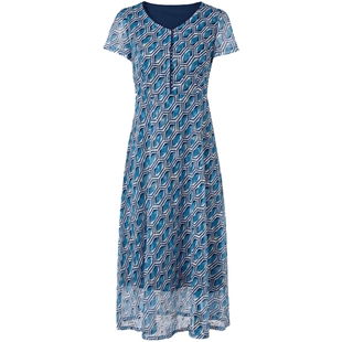 马天奴春夏新款女复古蓝色菱格网纱连衣裙子高腰阔摆显瘦长款气质